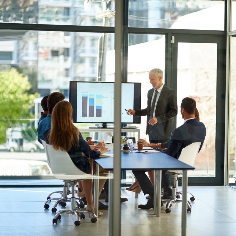 Boardroom window business people with presentation screen kpi analysis report solution office data analyst manager with conference trading portfolio investment growth