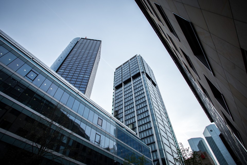 Low angle shot high rise buildings clear sky frankfurt germany