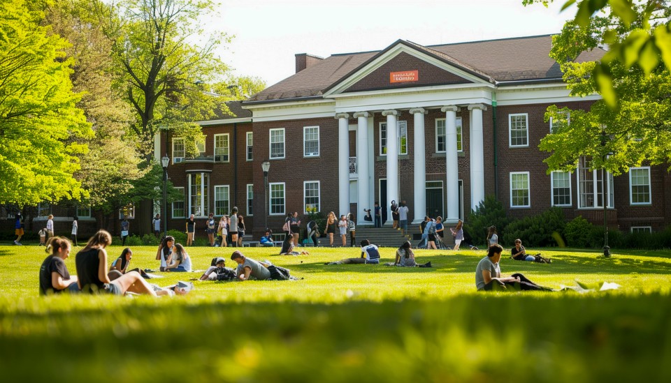 University campus with big field photography students are waking gossiping their campus free